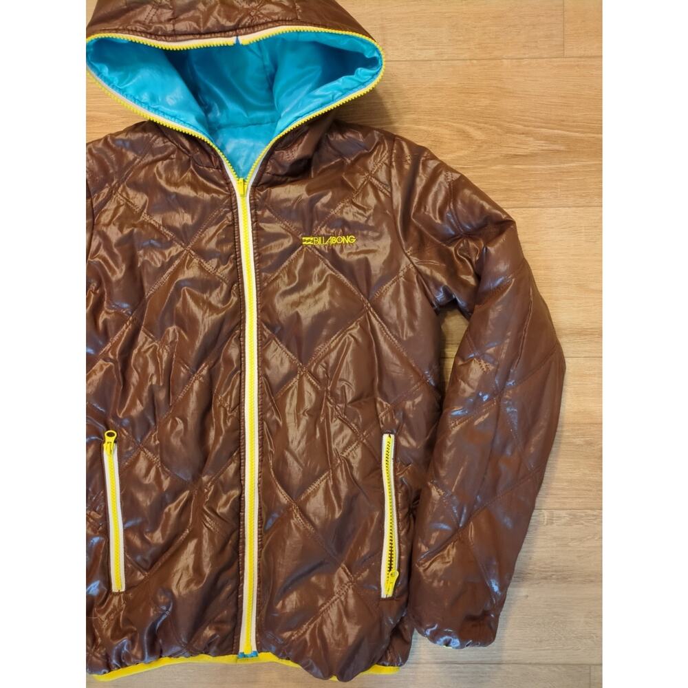 Vintage Y2K Pop Star Reversible Billabong Puffer Jacket Coat Brown/Blue Yellow M